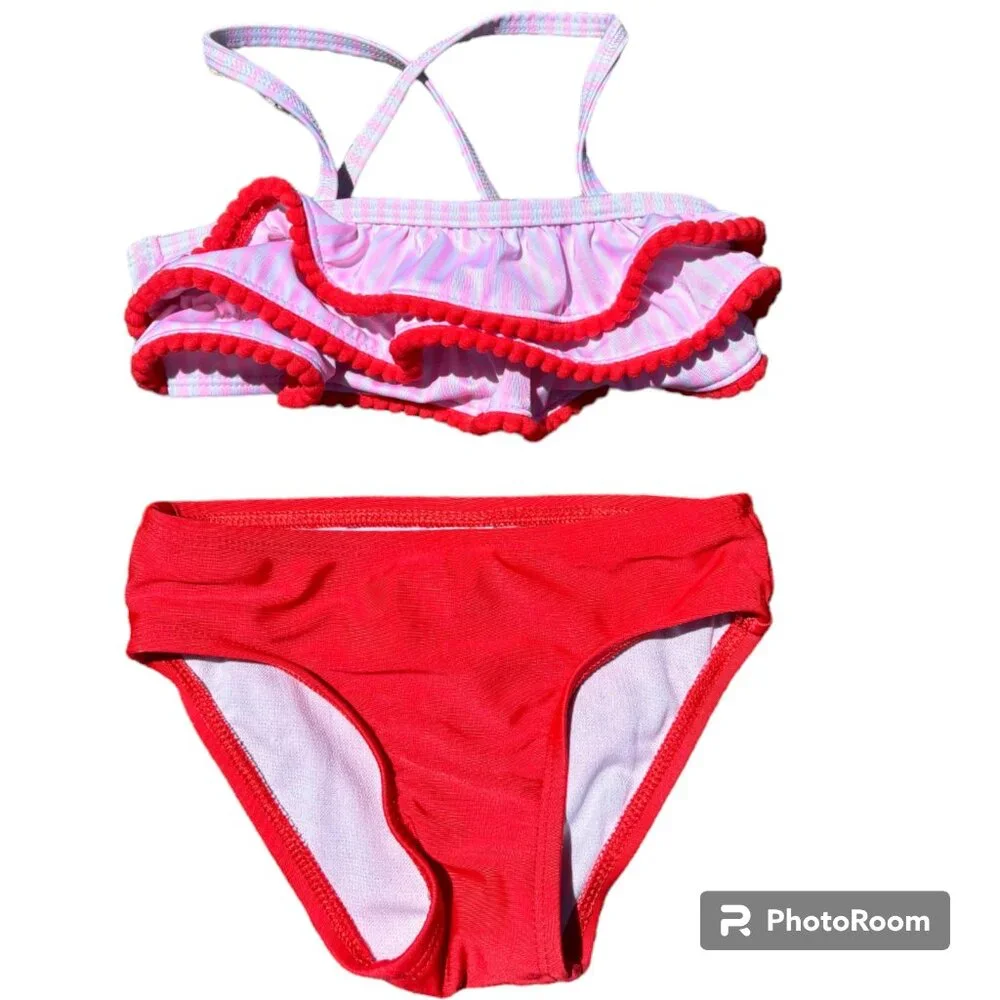 Cat & Jack Toddler‎ Girl's Striped Red Pink and White Ruffle Bikini 3T